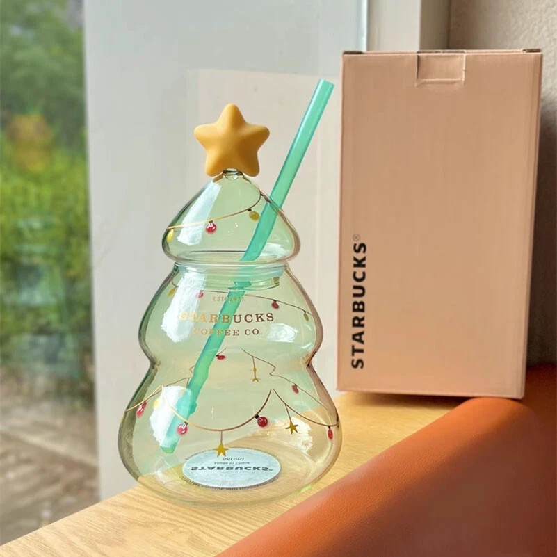 Authentic Starbucks China Christmas Tree 22oz Glass Straw Cup Tumbler gift