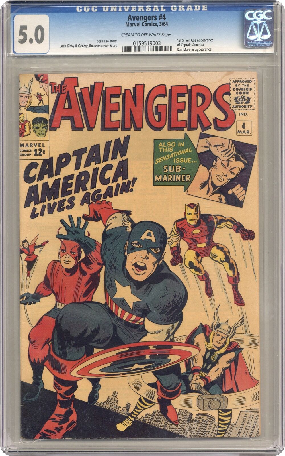 Avengers #4 CGC 5.0 1964 0159519003 1st Silver Age Captain America and Bucky