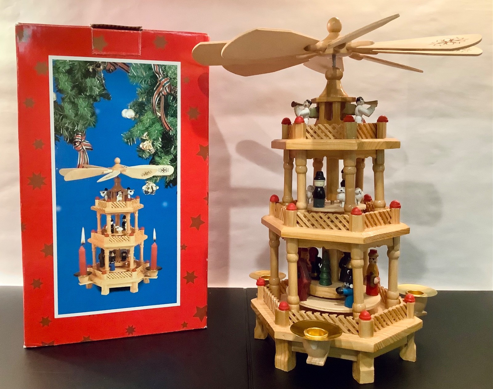 Vintage 11.5” German Weihnachtspyramide 3 Tier Nativity Carousel - New in Box Vintage 11.5” German Weihnachtspyramide 3 Tier Nativity Carousel - New in Box