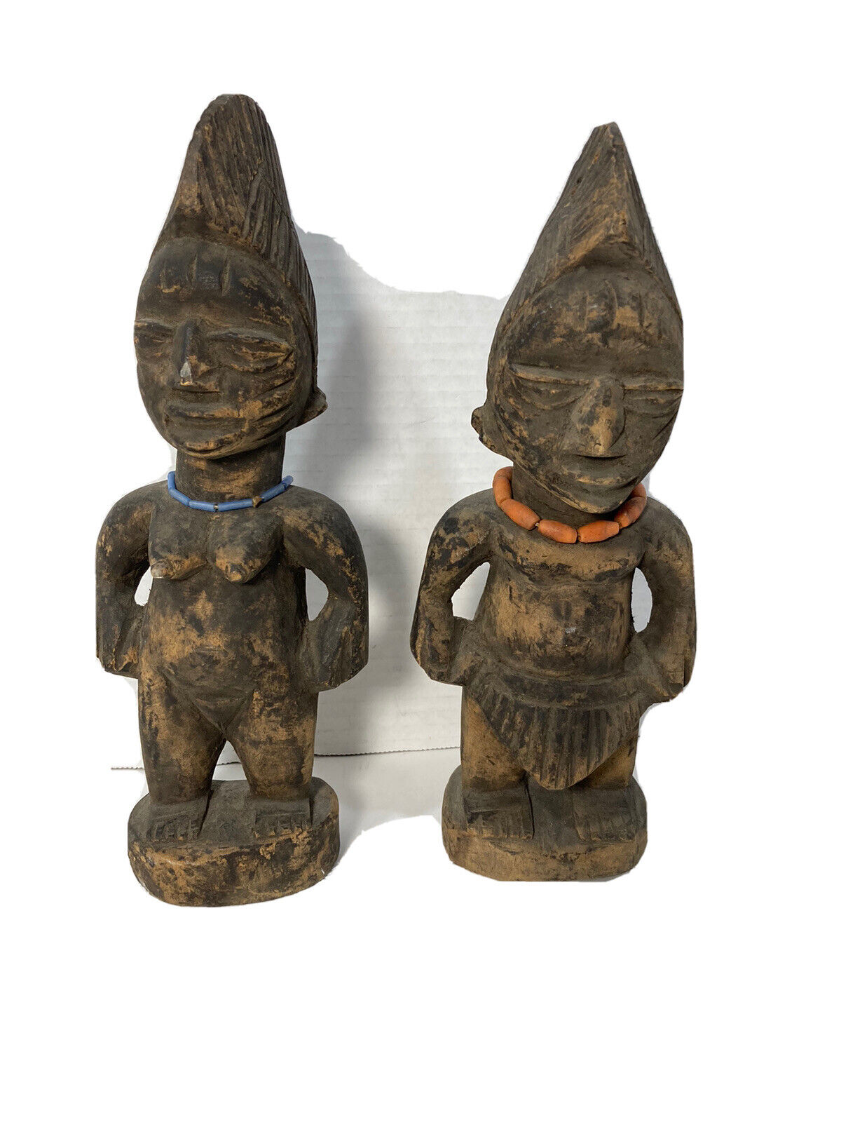 Vintage Yoruba Ibeji Male Female Spirit Twin Figures-Hand Carved-Beaded-11” Tall