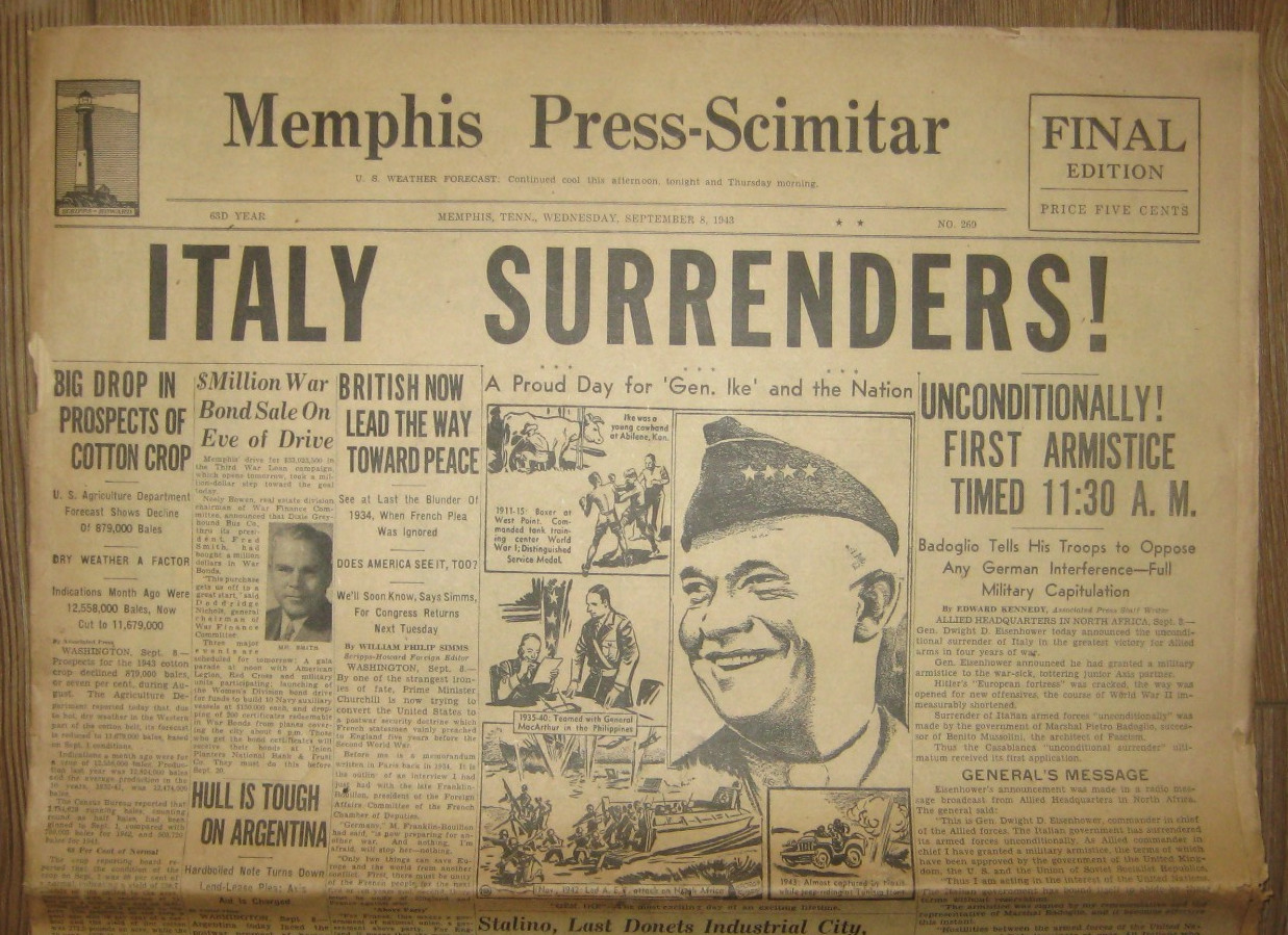 Memphis Press-Scimitar September 8, 1943, WWII, ITALY SURRENDERS, VG