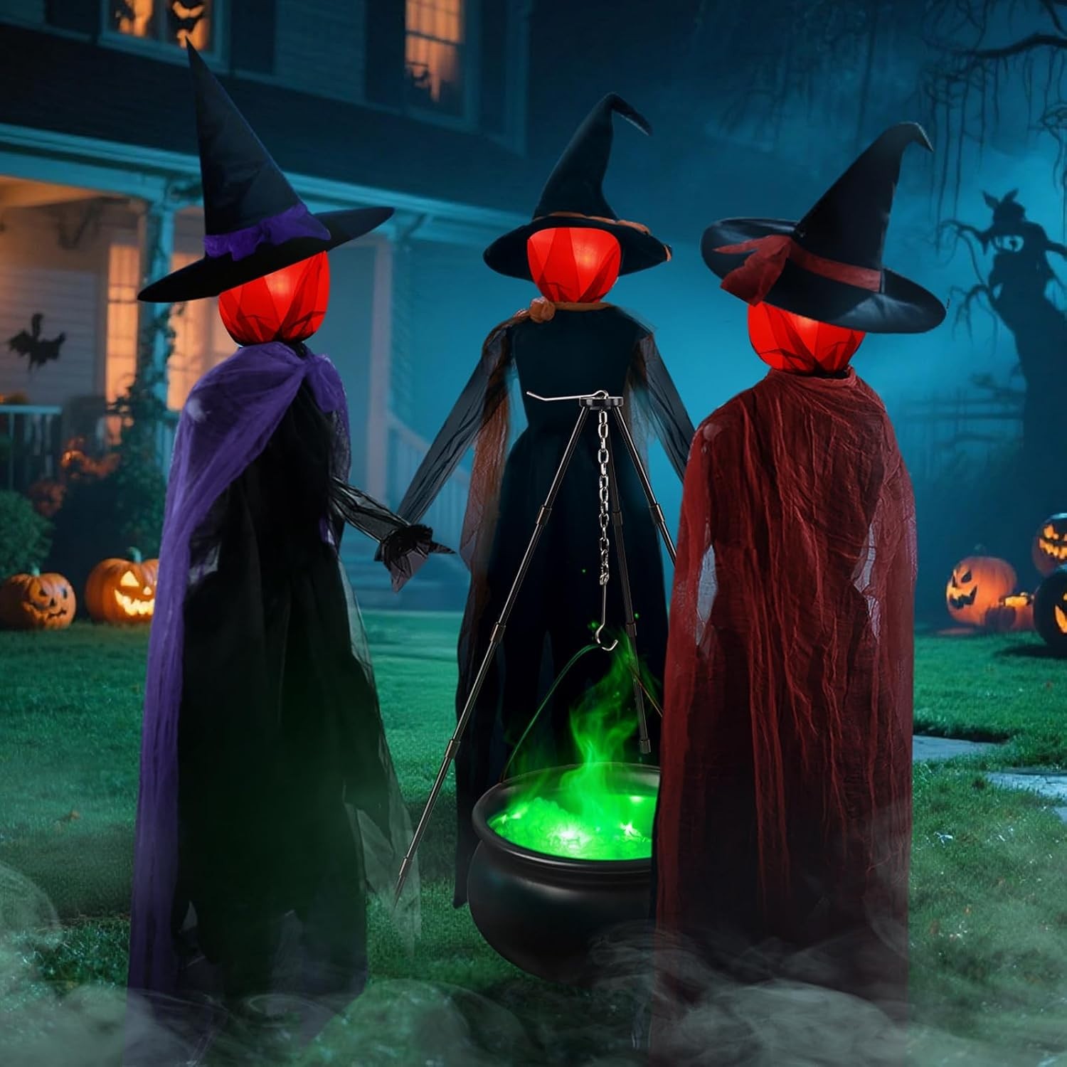 Set of 3 Lighted Witch Figures with Cauldron Prop Outdoor Halloween Decoration