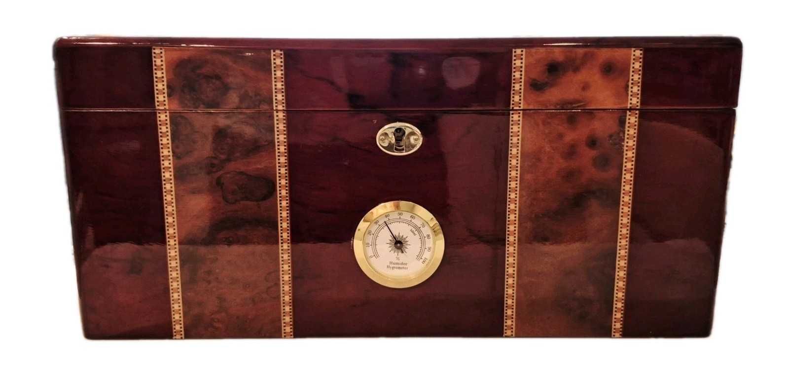 SUPREME Burl Wood Humidor inlay Glass Brass Accents Wood Lined Hygrometer No Key