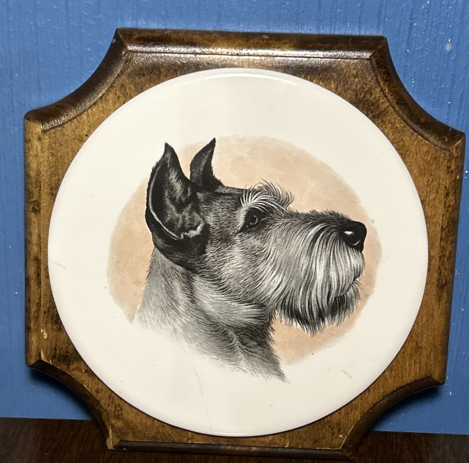 VINTAGE Schnauzer Dog Breed Ceramic/Wood Wall Art Plaque Trivet Decor 1980s, 7”