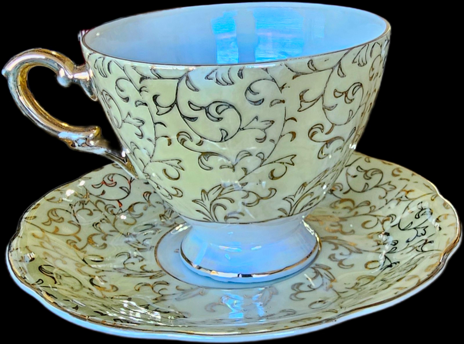 Vintage Japan Lusterware Teacup & Saucer Yellow Gold Filigree Footed 1950s