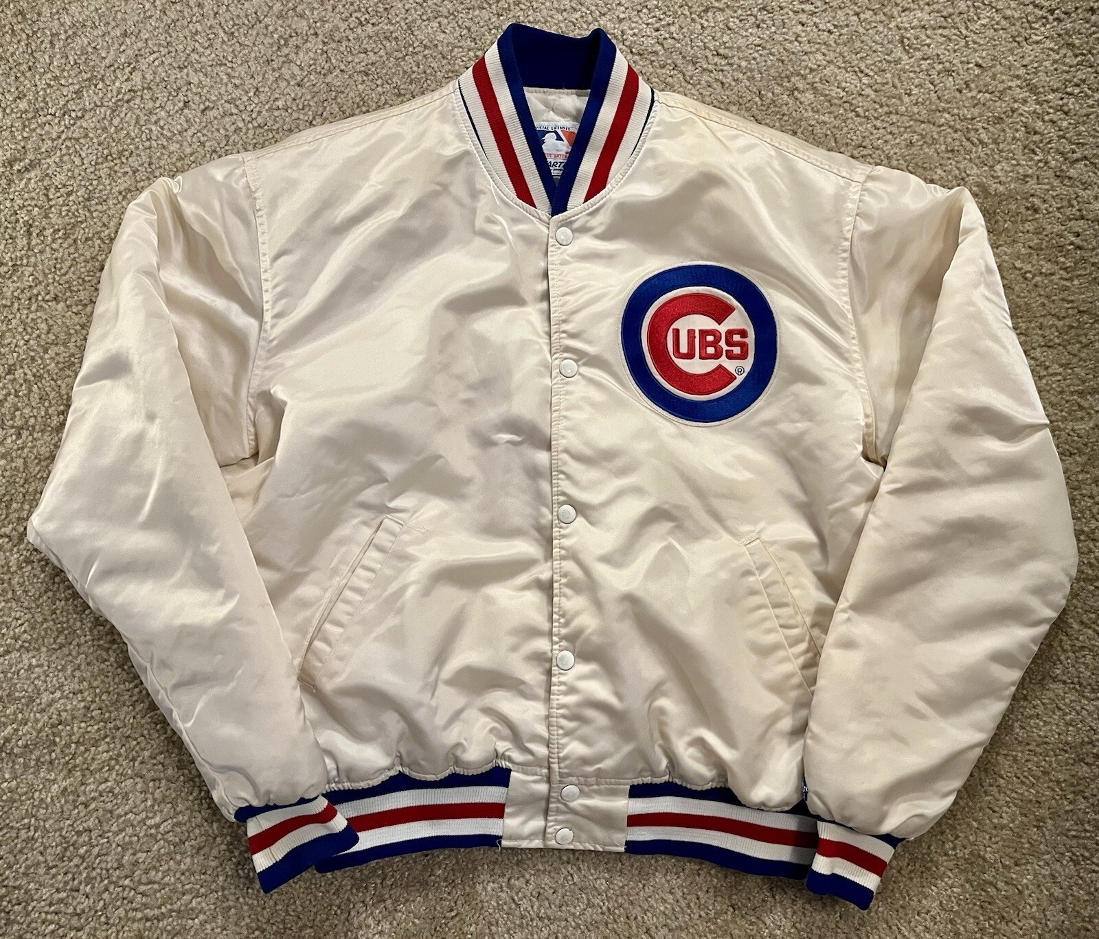 Vintage Starter Chicago Cubs White Satin Bomber Jacket MLB Baseball Mens XL Rare