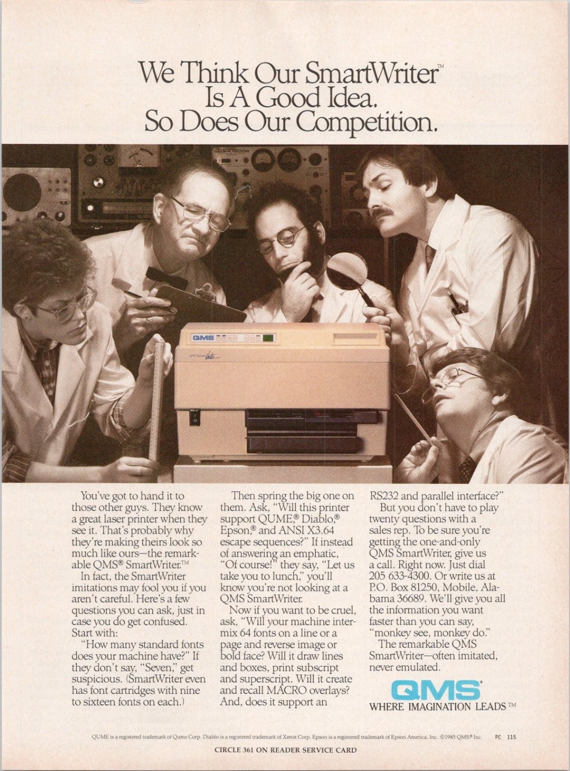 QMS SmartWriter Vintage 1985 Print Ad Laser Printer Technology QMS SmartWriter Vintage 1985 Print Ad Laser Printer Technology
