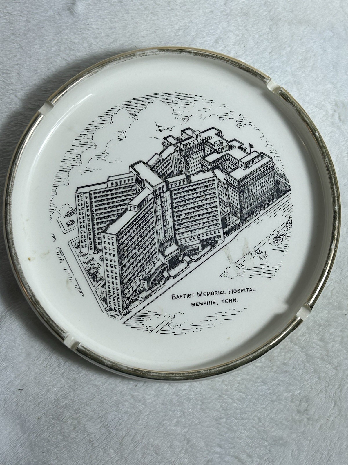 Antique Baptist Memorial Hospital Ashtray 6”Diameter CeramicGold Trim Historical