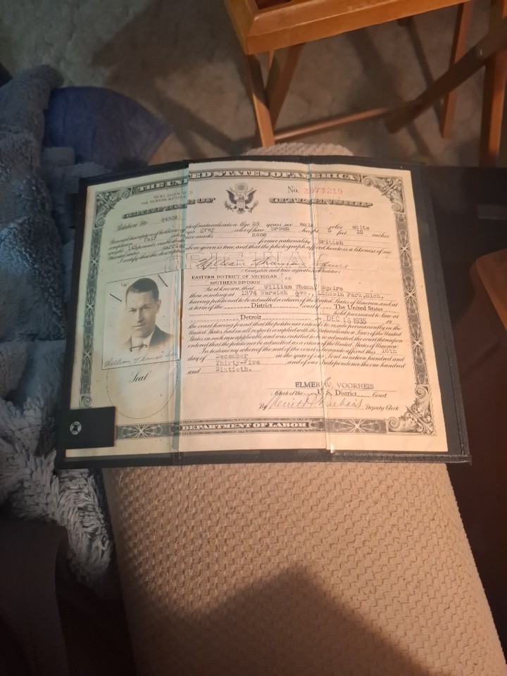 Vintage 1935 certificate of Citizenship 