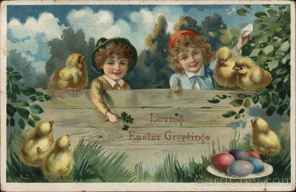 Easter Children 1907 Loving Easter Greetings Tuck Antique Postcard 1c stamp
