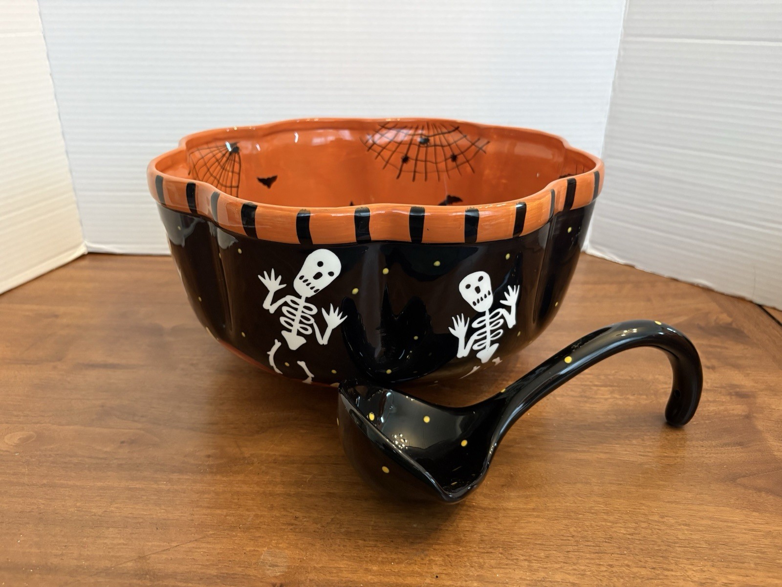 Laurie Gates Halloween Skeleton Ceramic Punch Bowl with Ladle Black, Orange