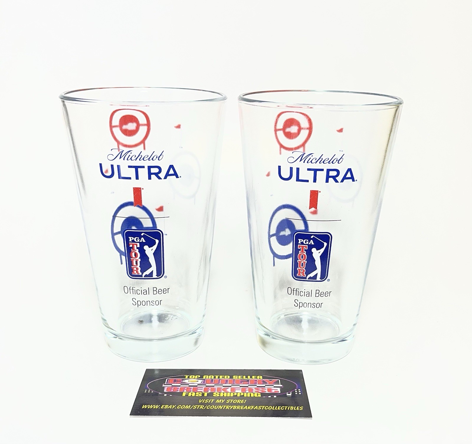 Michelob Ultra PGA Tour Golf  16 oz Pint Beer Glasses Set of Two (2) Brand New