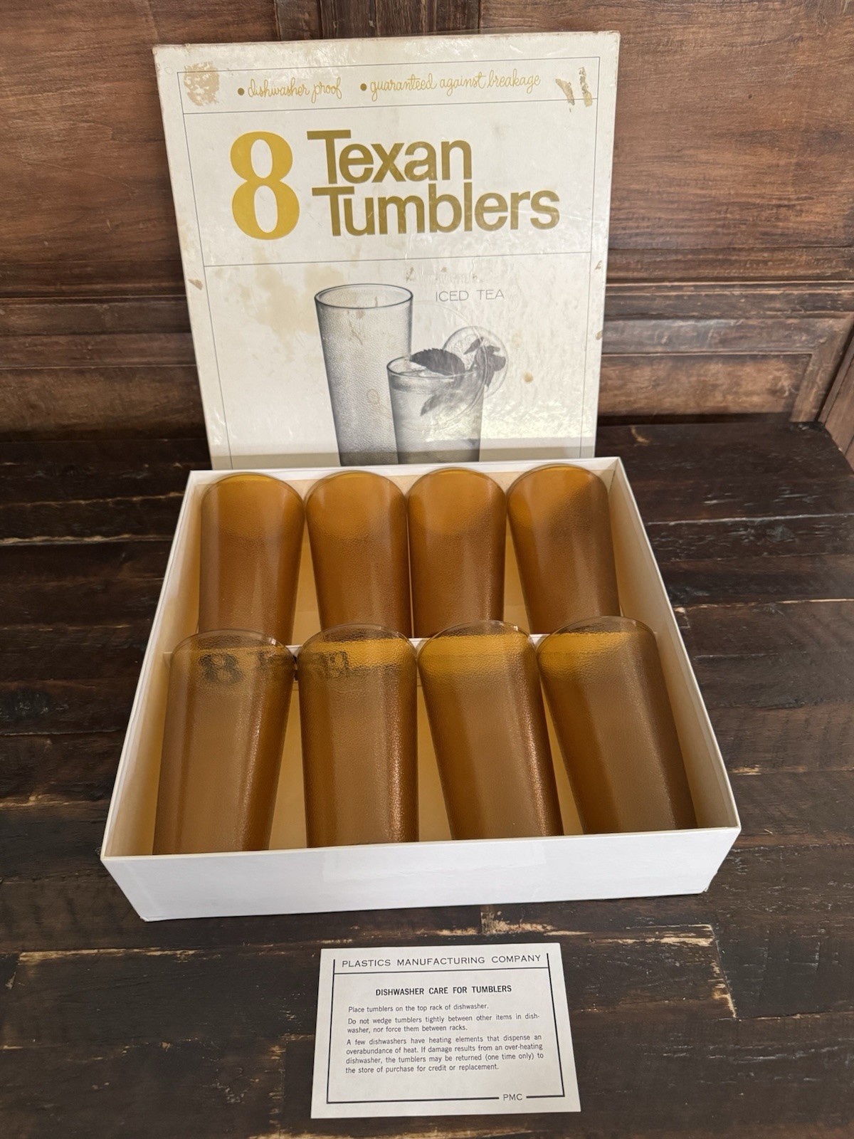 8 Amber Texan Pebble Glasses Tumblers Plastic Iced Tea Glasses Texasware w/BOX