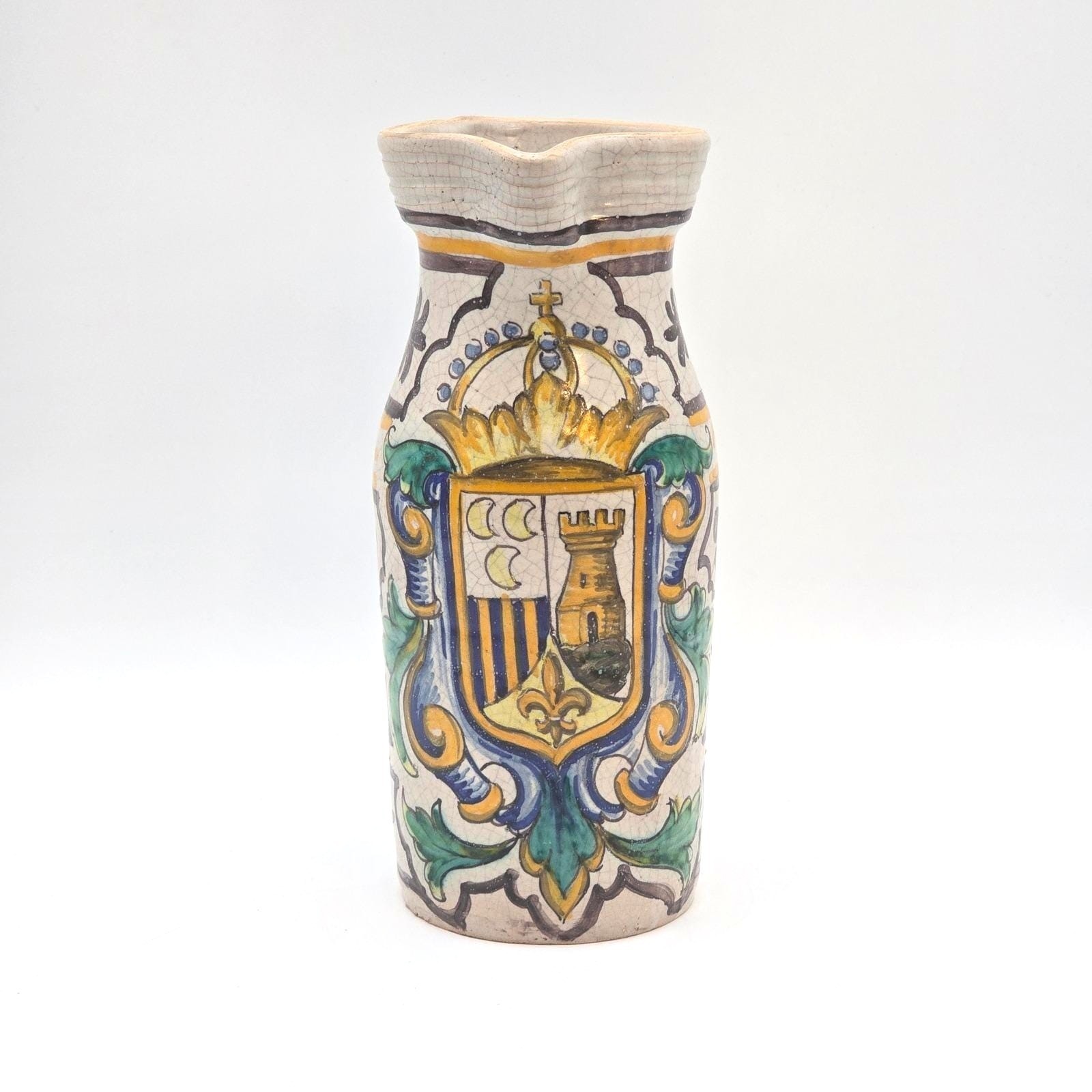 VTG Majolica Jug Heraldic Coat of Arms Crest Hand Painted Pitcher Mediterranean