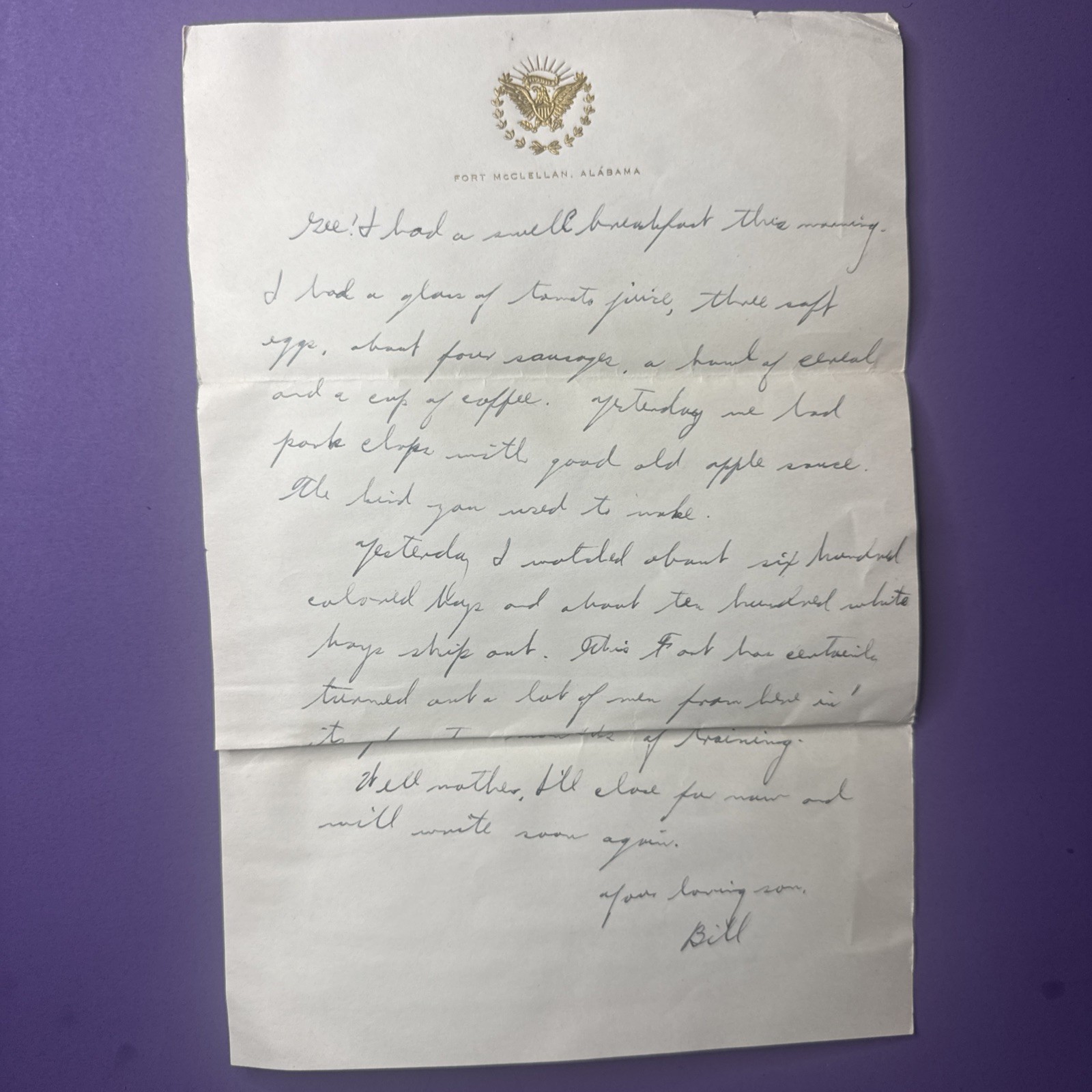 WWII Soldier Letter 1943 Fort McClellan AL Handwritten by “Bill” to Mattie