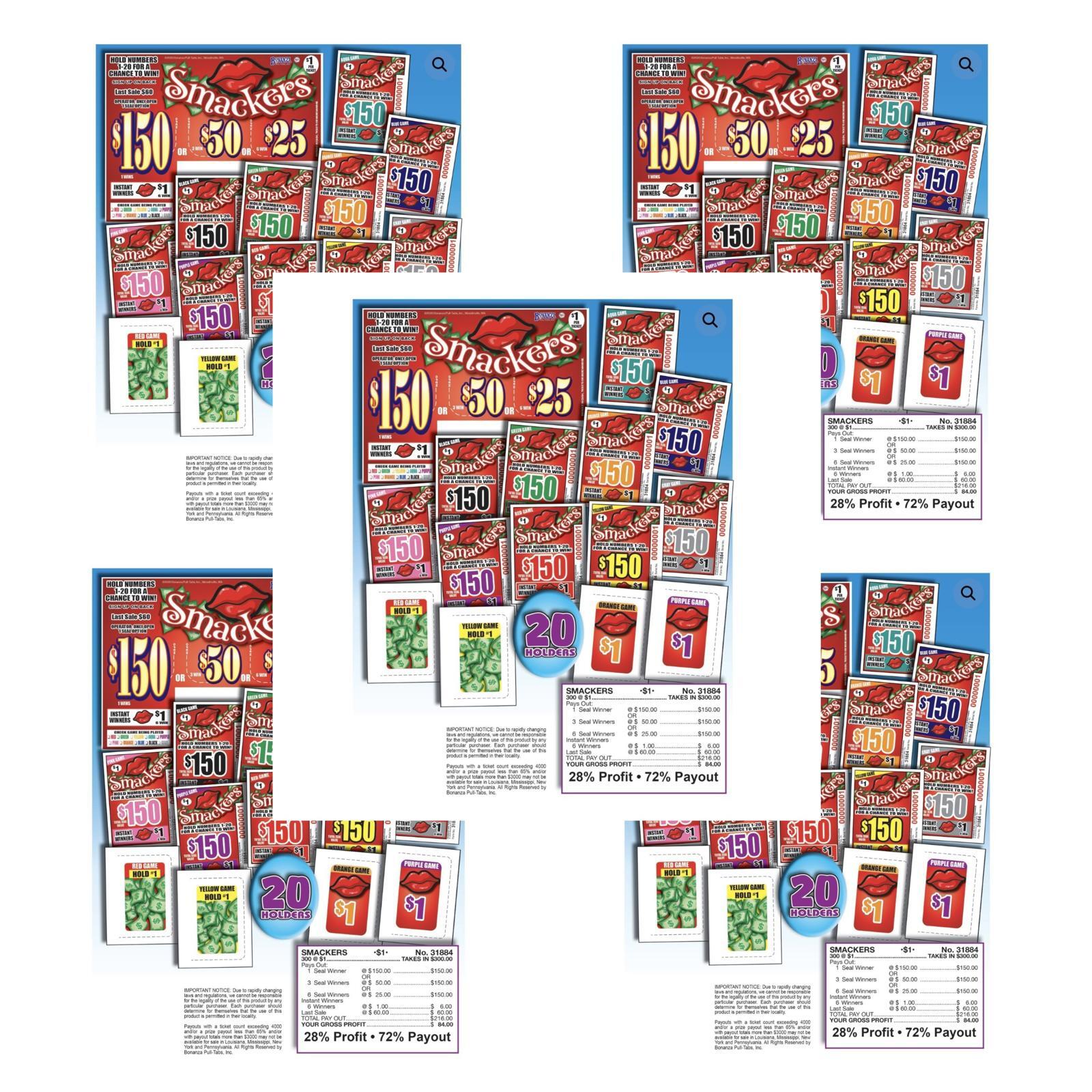 Pull Tab Ticket- Hard Card - Game - 5 Pack Smackers - 300 ct ea