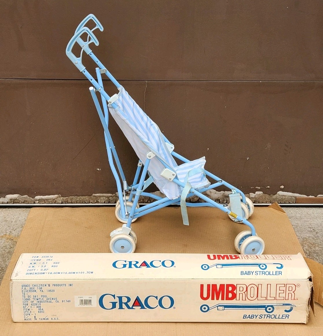 Circa 1990 Vtg Graco UMBROILLER Umbrella Stroller BABY BLUE STRIPES w/ Orig Box