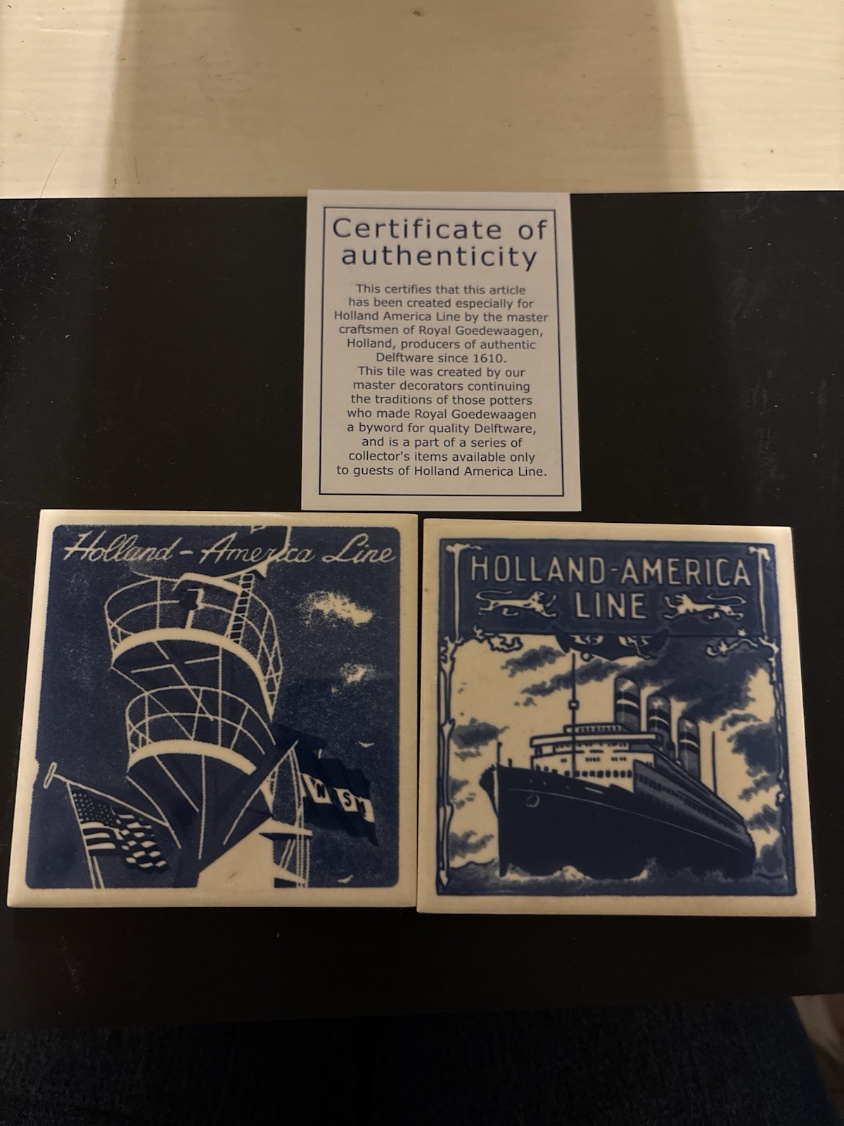 Vintage Holland-America Line Ceramic Tile Coaster Set One Ship One Crows Nest