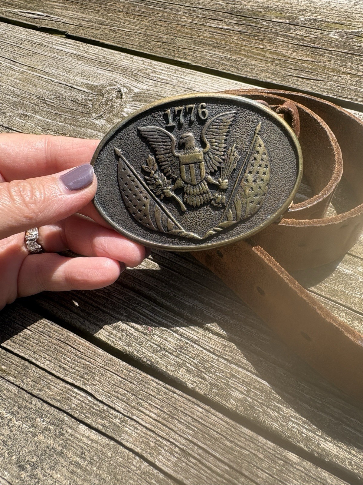 Vintage BTS Solid Brass Cast Eagle Western Belt Buckle And Leather Belt Brown