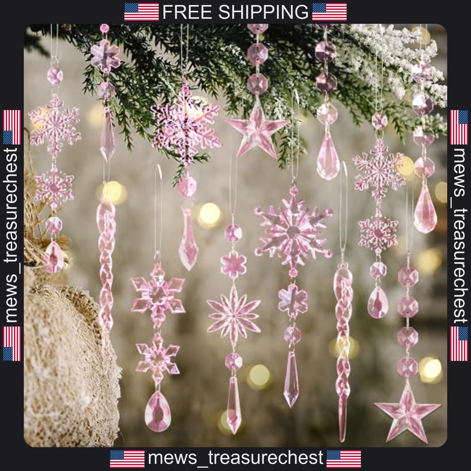 20 Light Pink Acrylic Christmas Ornaments Snowflakes Icicles & Pendants