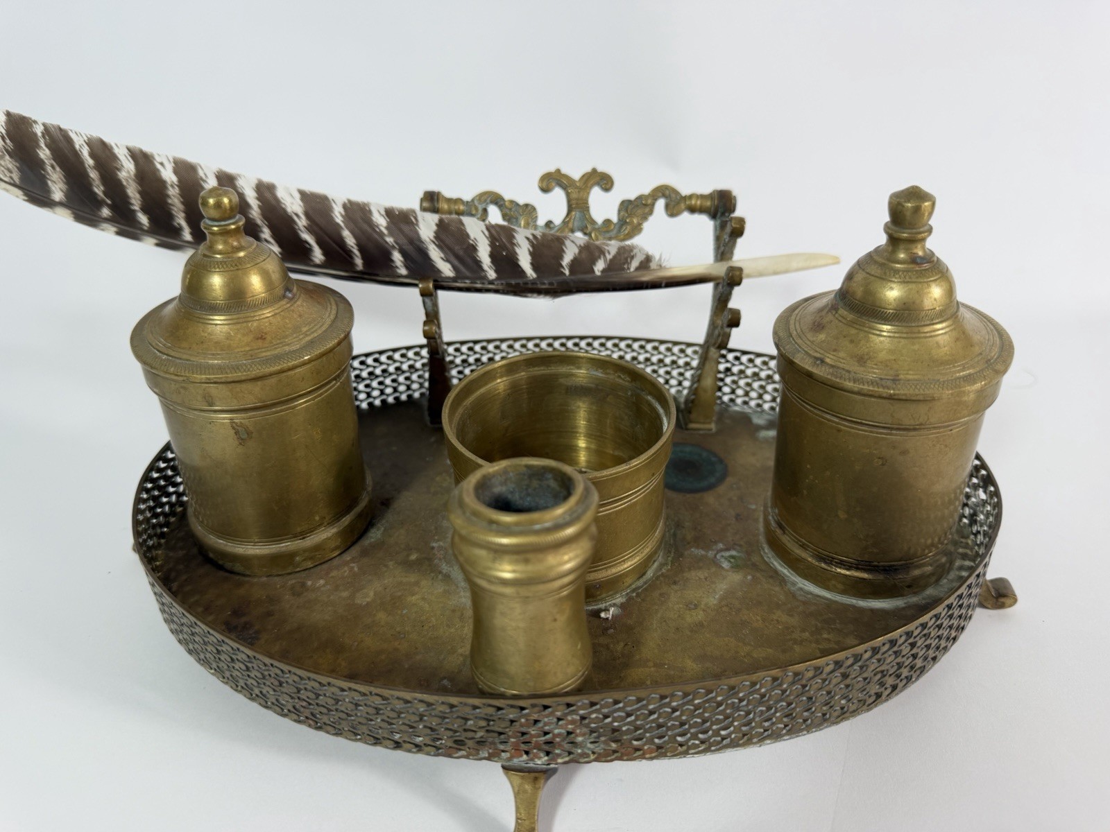 Antique Victorian Brass Double Inkwell Inkstand Quill Pen Rest Desk Set