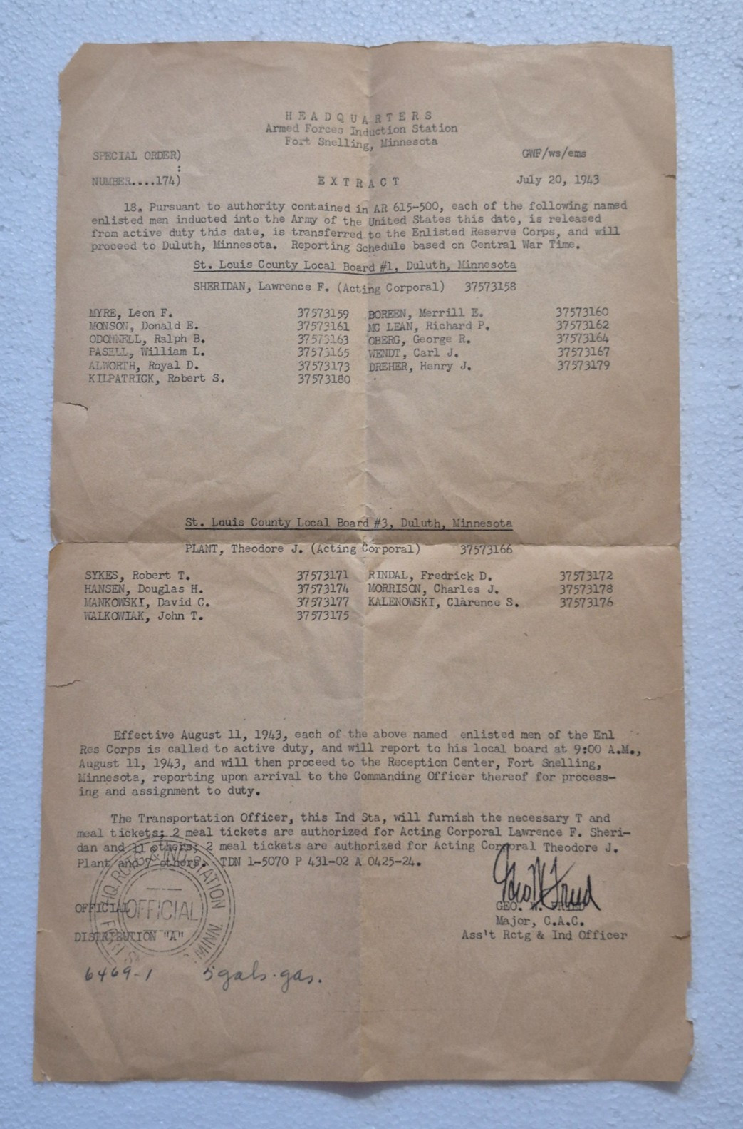 1943 HEADQUARTERS Armed Forces Induction Station Special Order Letter #174, Minn
