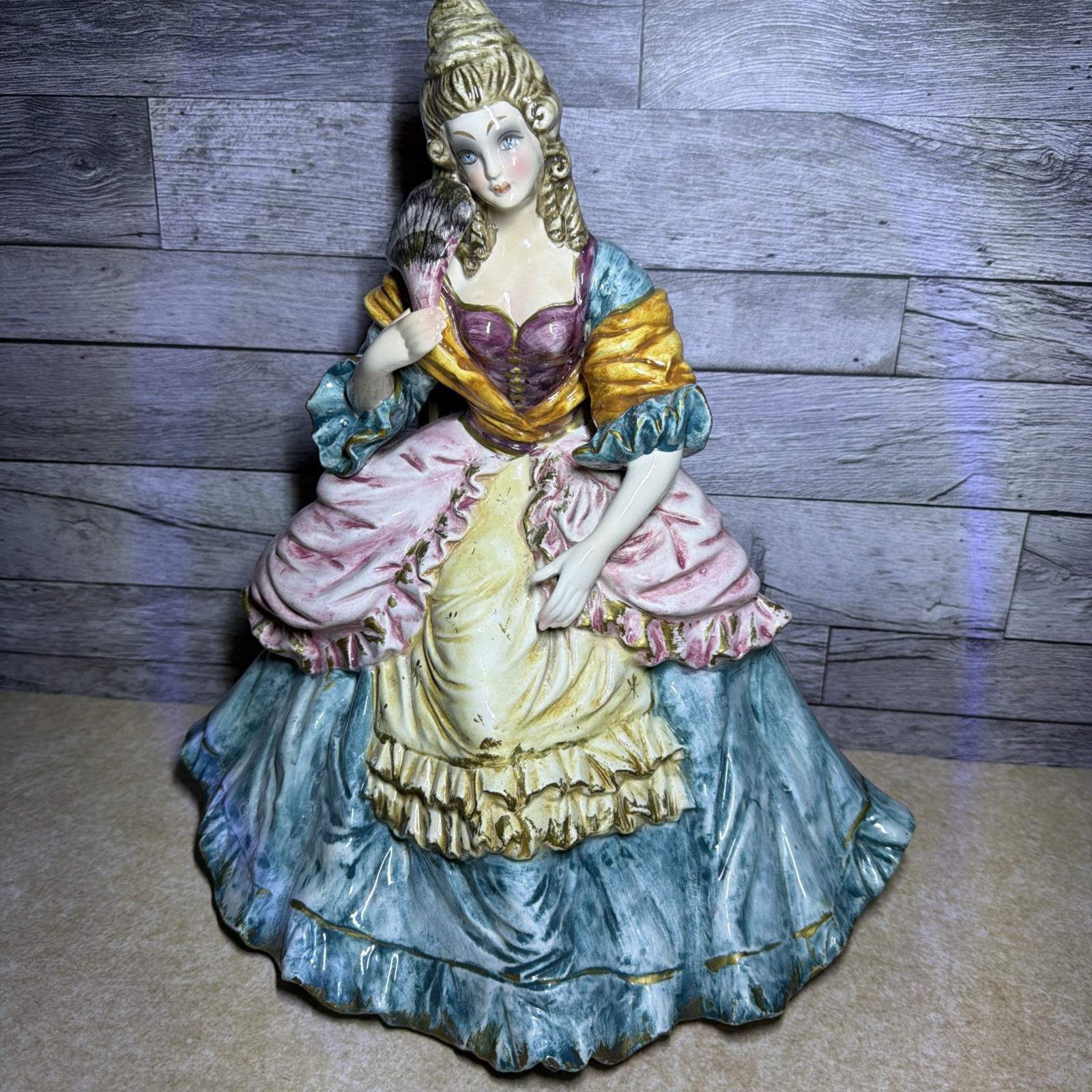 Vtg Capodimonte Italy 15” Large Lady Figurine Crinoline Dress Fan Putti GREAT