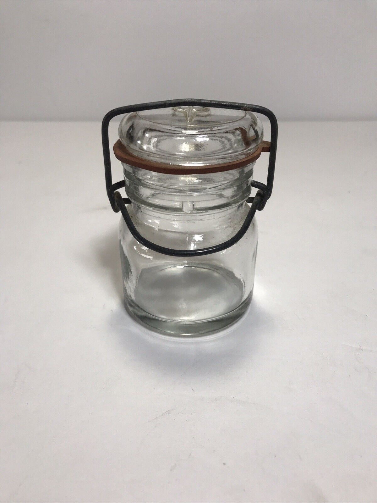 Vintage Clear Glass Mason Canning Jar 3.5” With Wire Bail Closure & Glass Lid