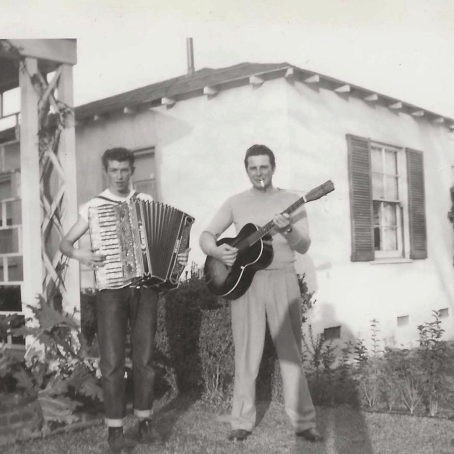 Vintage Snapshot Photo Rockabilly Style Duo Guitar Accordion Music Cigarette