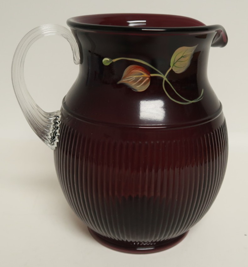 Fenton Glassware Handpainted Vision on Leaves Aubergine Ribbed Pitcher Kibbe 7.5