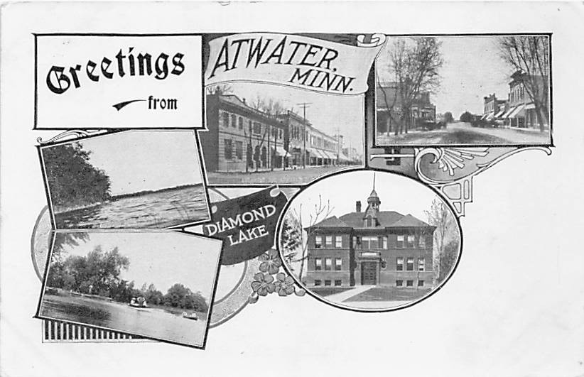 Postcard MN: Greetings from Atwater, Minnesota, Multiview, DB, 1910's B&W Photos