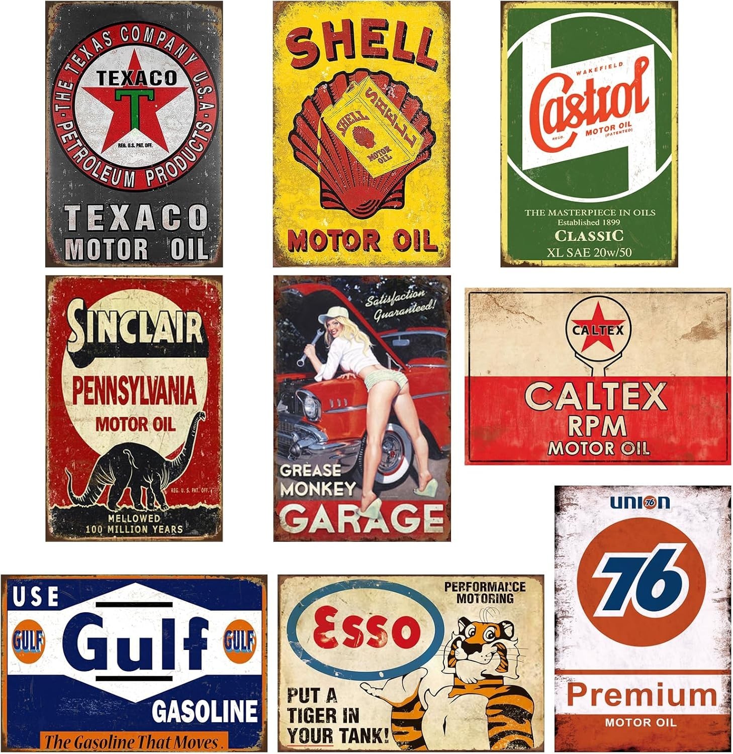 9 PCS Vintage Metal Tin Garage Signs, Retro Oil & Gas Station Wall Decor
