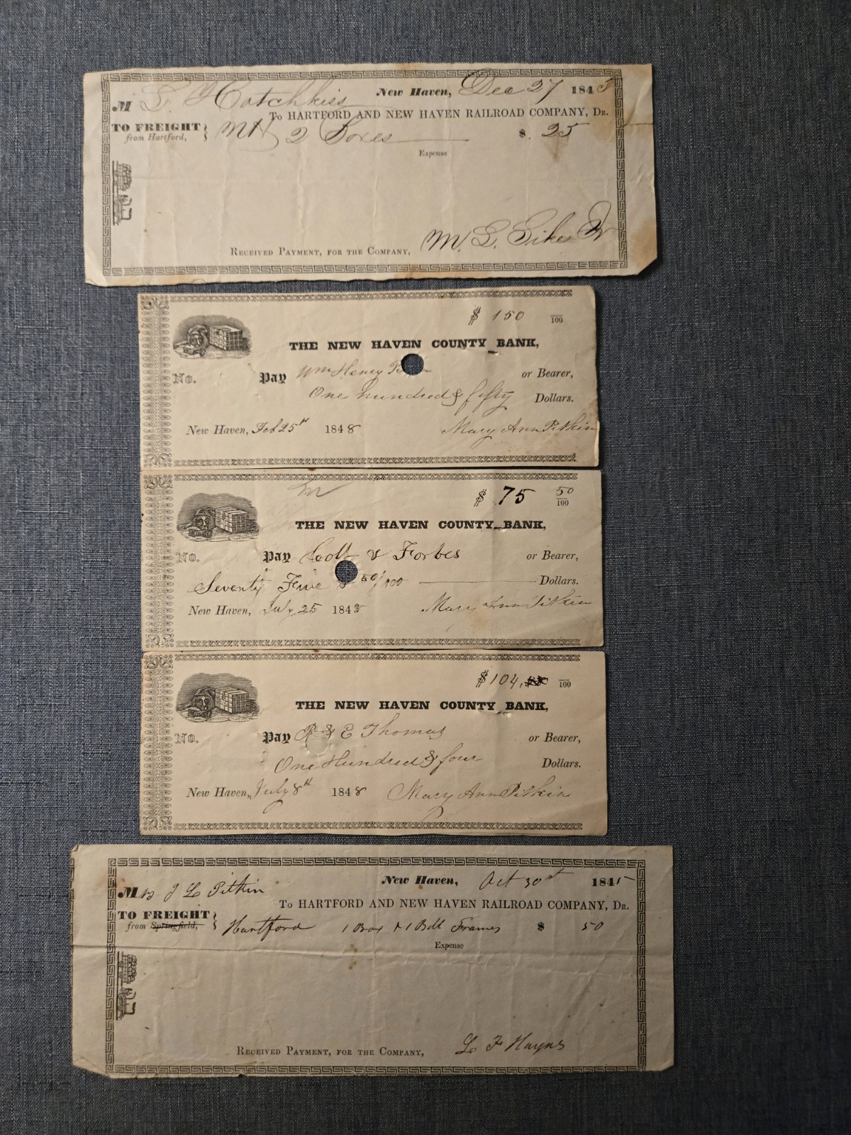 5 Antique 1840s CT Documents: New Haven Bank Checks & Railroad Freight Receipts