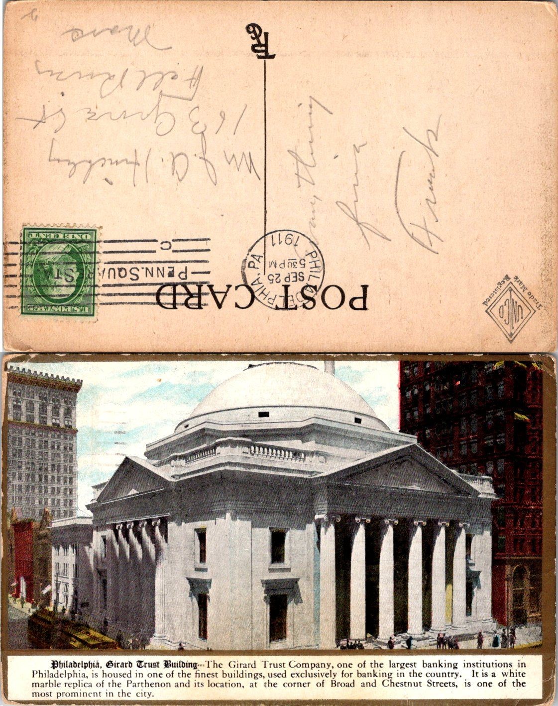 Philadelphia Girard Trust Building Postcard 1911 Postmarked Stamped Vintage Used