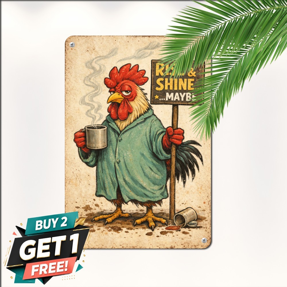 Quirky Farm Rooster Metal Wall Sign Humorous Country Barn Tin Plaque 8x12