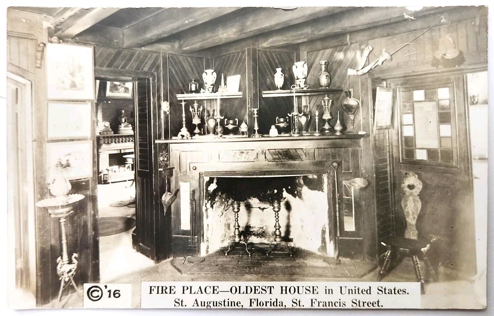 St. Augustine FL Postcard RPPC Photo The Fire Place The Oldest House Cline
