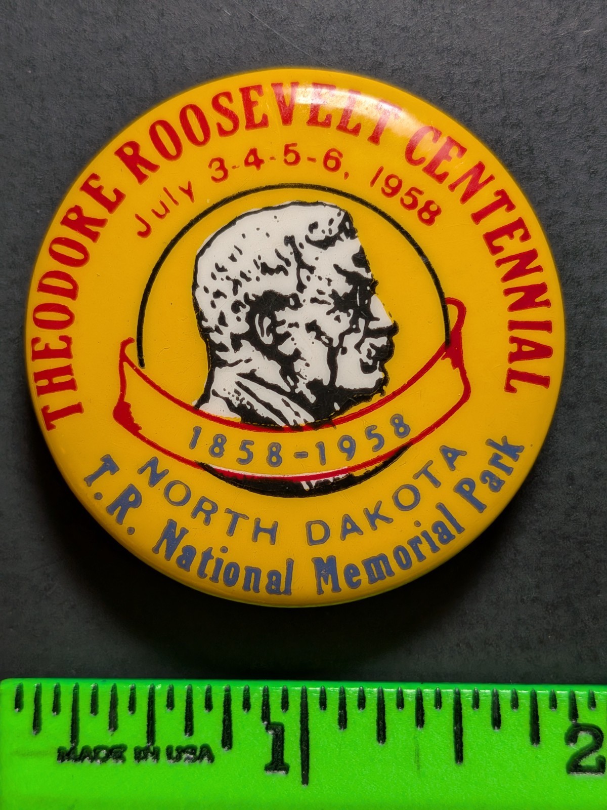 Vintage 1958 Theodore Roosevelt North Dakota Pinback Pin