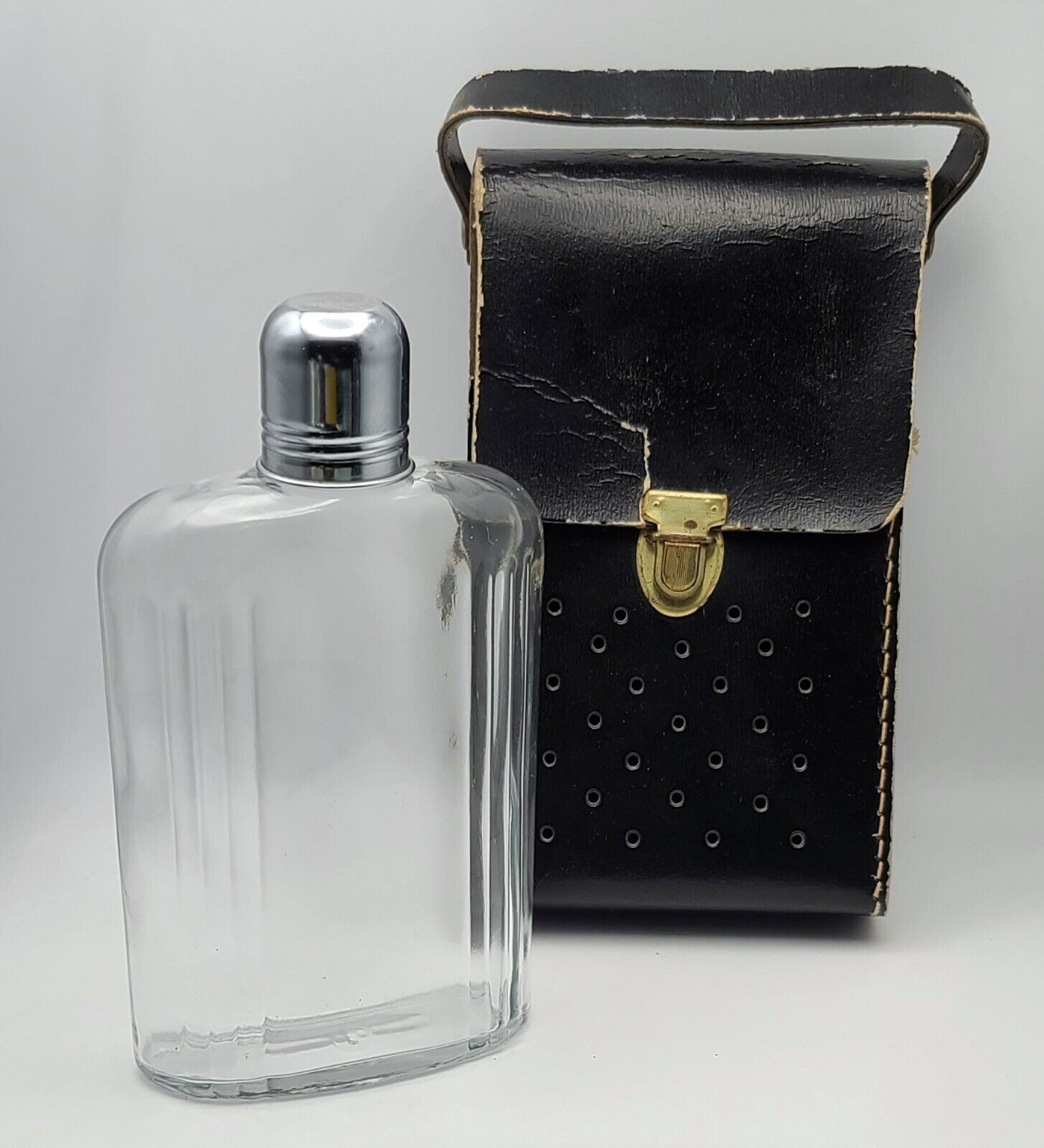 Vintage Depose Glass Hip Flask & Austrian Leatherette Carrying Case, MidCentury