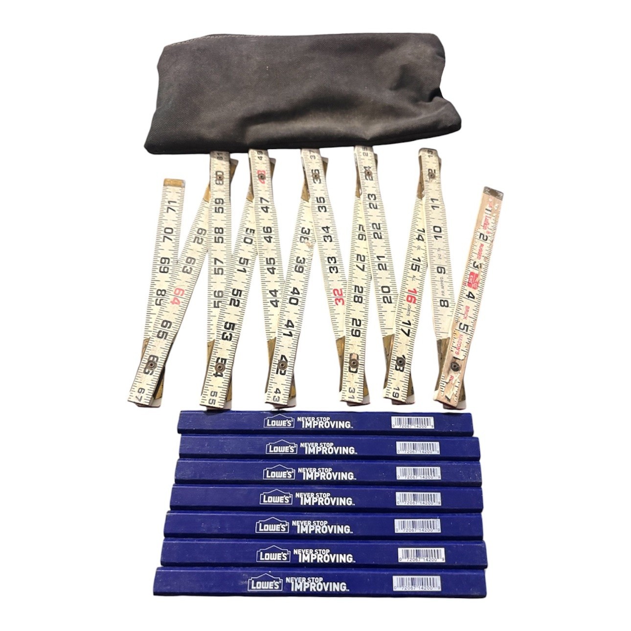 Red End Folding Carpenter's Ruler 6ft with Case + 7 Lowe's Carpenter Pencils Lot