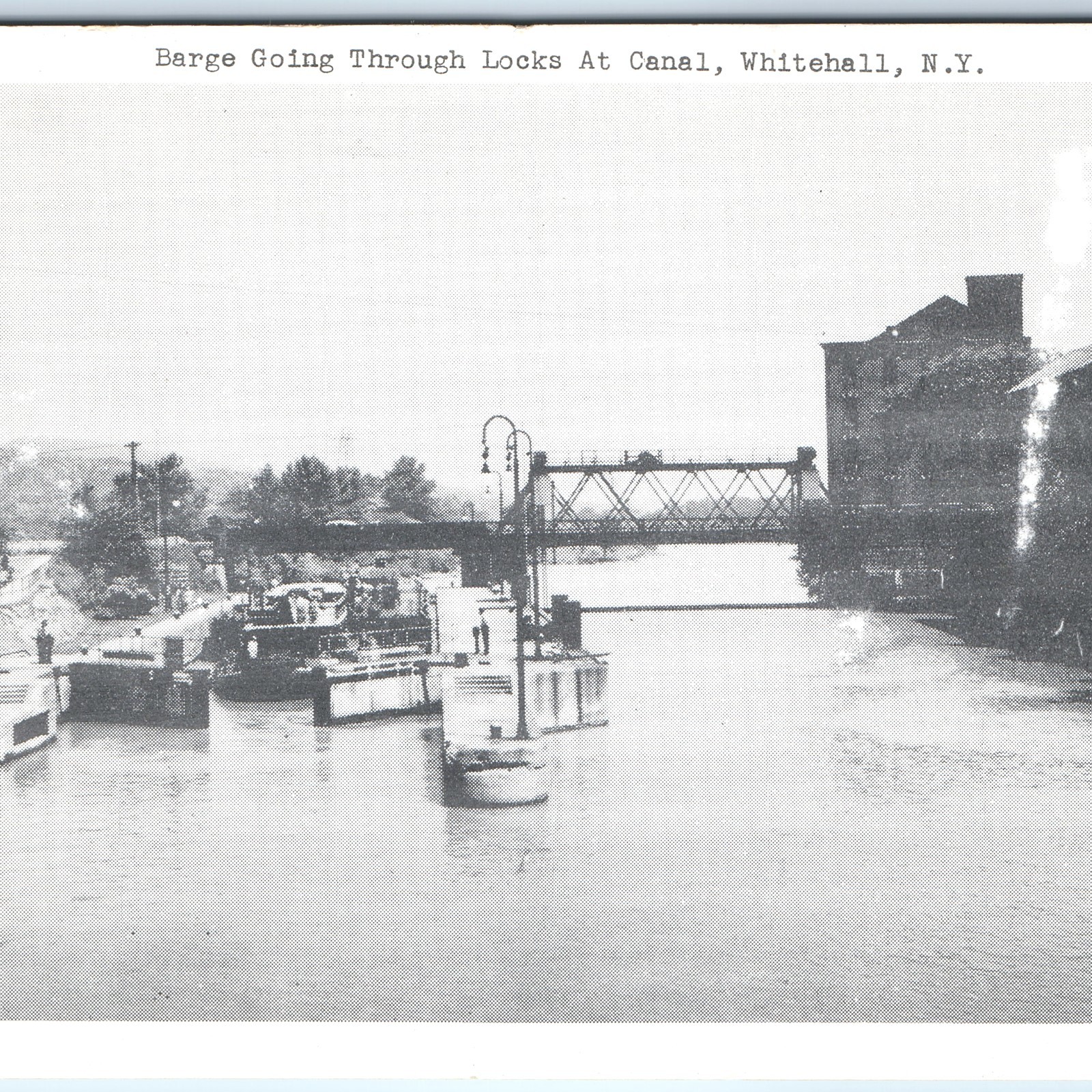 c1940s Whitehall NY Barge Canal Locks Postcard Bridge Factory Boat Fairbanks PC