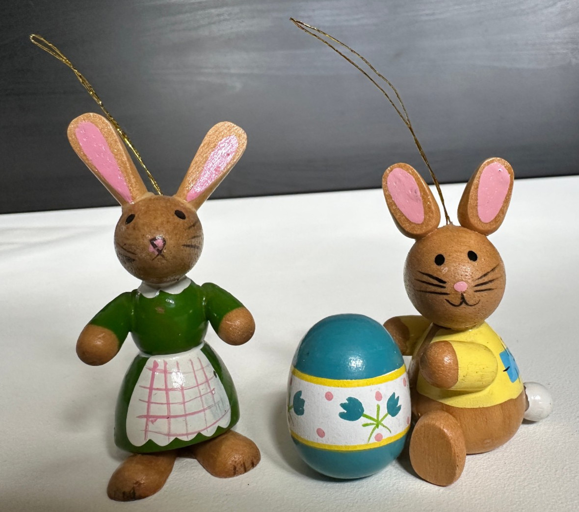 Vintage 1980 Dakin Wooden Easter Bunny Rabbit Ornaments Egg Lot of 2 Christmas