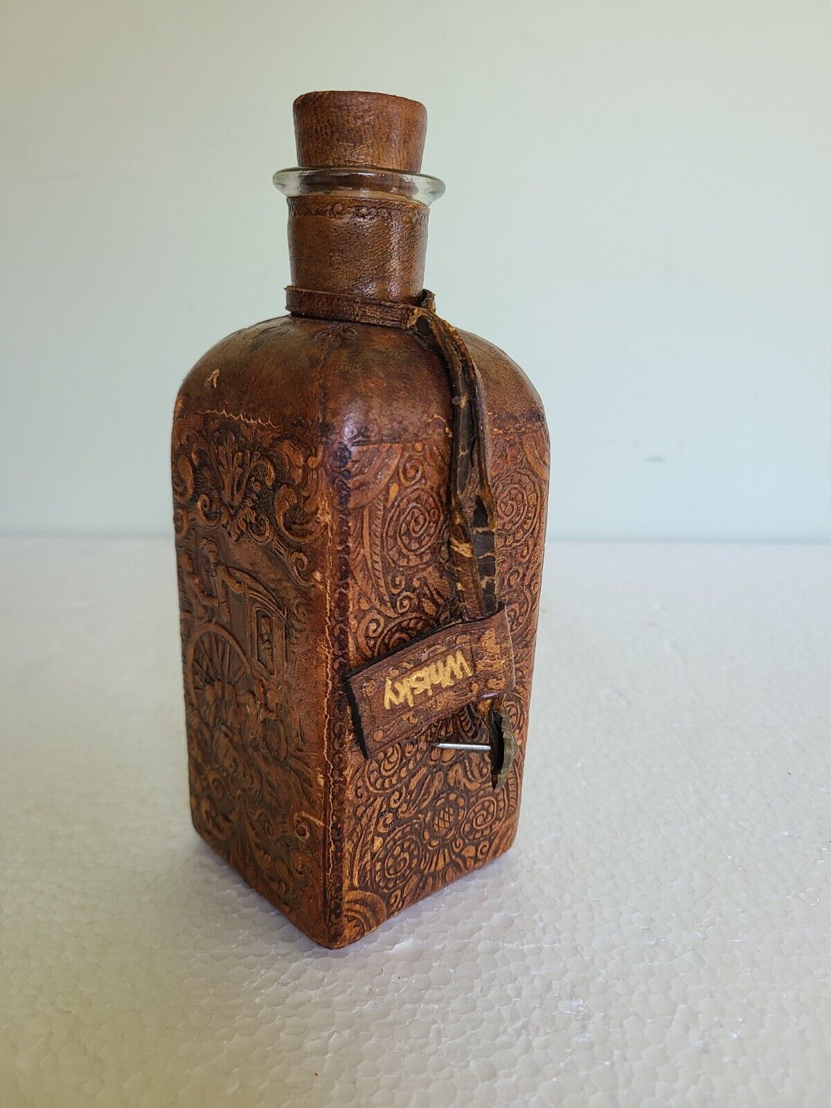 Vintage Leather Wrapped Decanter Whisky, Empty, 7.5” Tall
