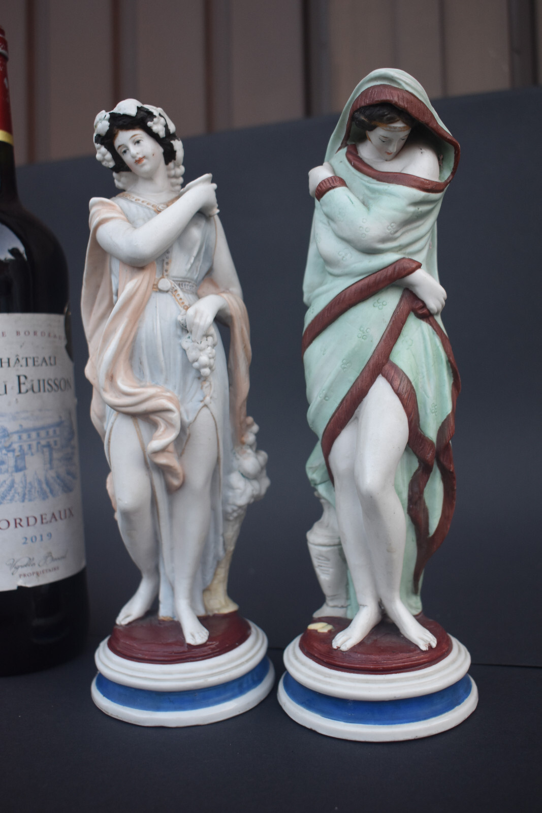 PAir antique Green roman female figurine statue bisque porcelain