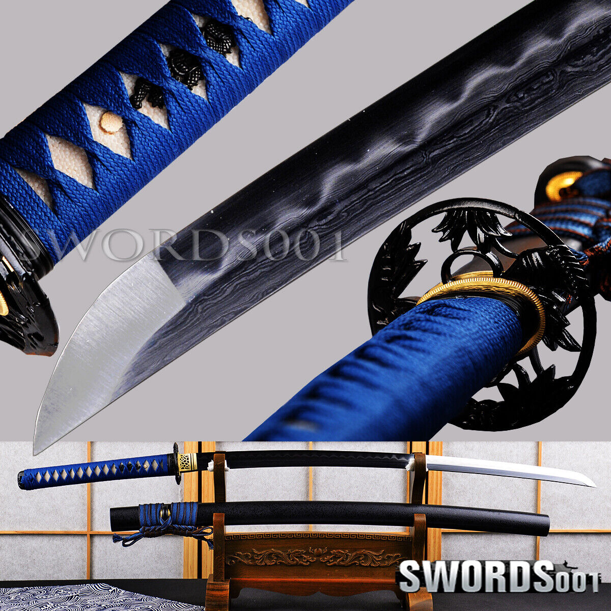 elegant blue Japanese samurai katana sword clay tempered  damascus folded steel 