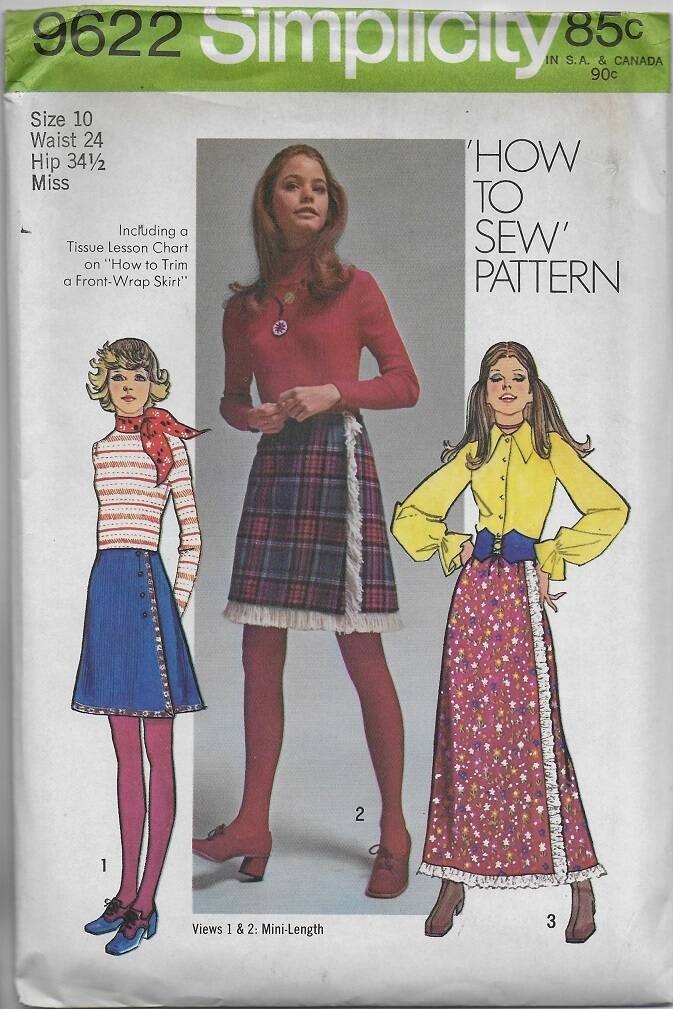 Vintage 70s Simplicity Pattern 9622 Misses' FRONT WRAP SKIRT in 2 Lengths 10