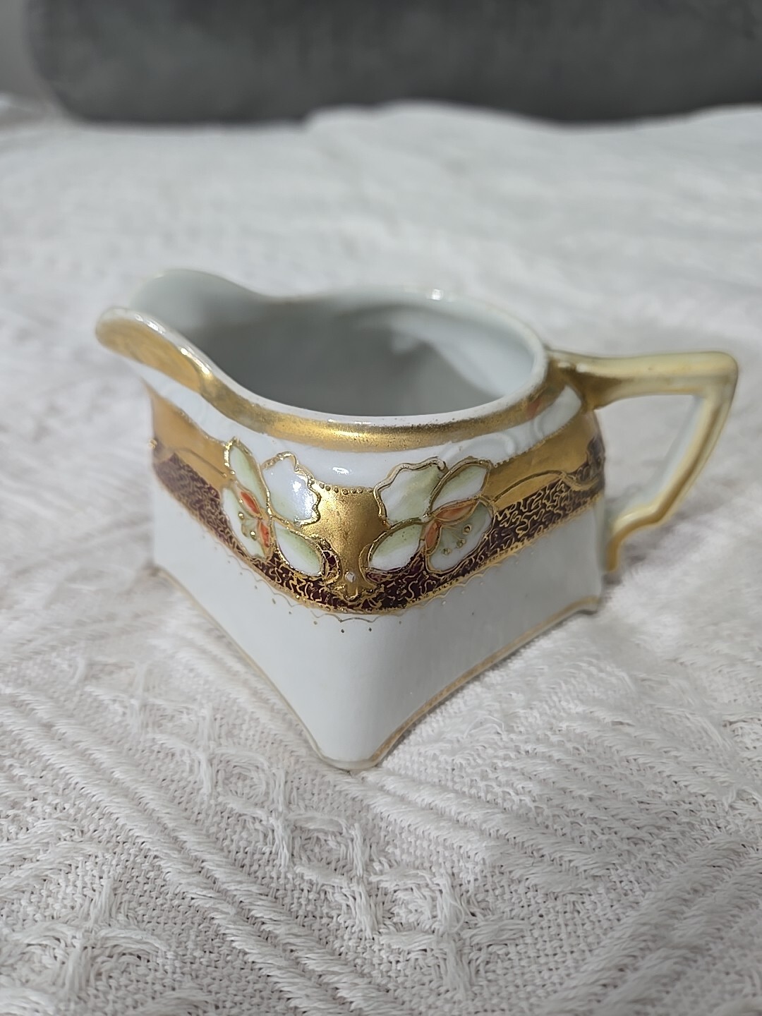 Nippon Porcelain Cream Pitcher, Heavy Gilded Floral Art, Hand Painted, Antique