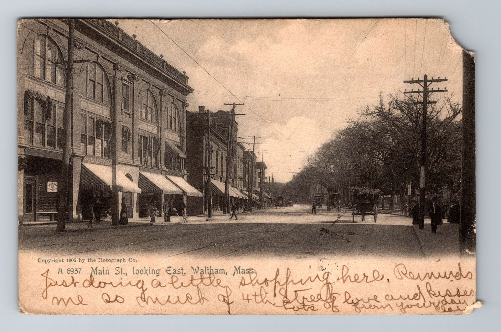 Waltham MA-Massachusetts, Main St Looking East, Vintage c1905 Postcard