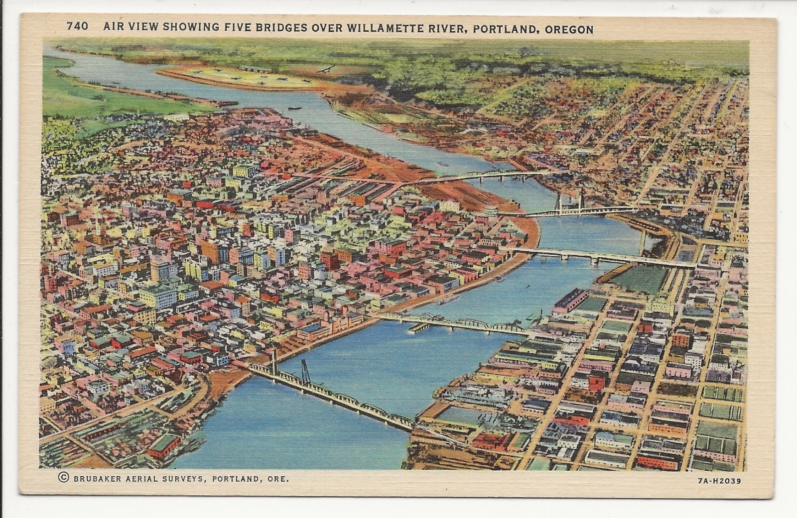 Air View Showing Five Bridges Over Willamette River postcard Portland OR