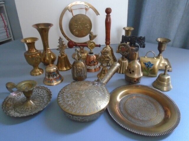 Lot of 19 Brass Bells Gong Silent Butler and more Some Maybe A Mix Of Metals.