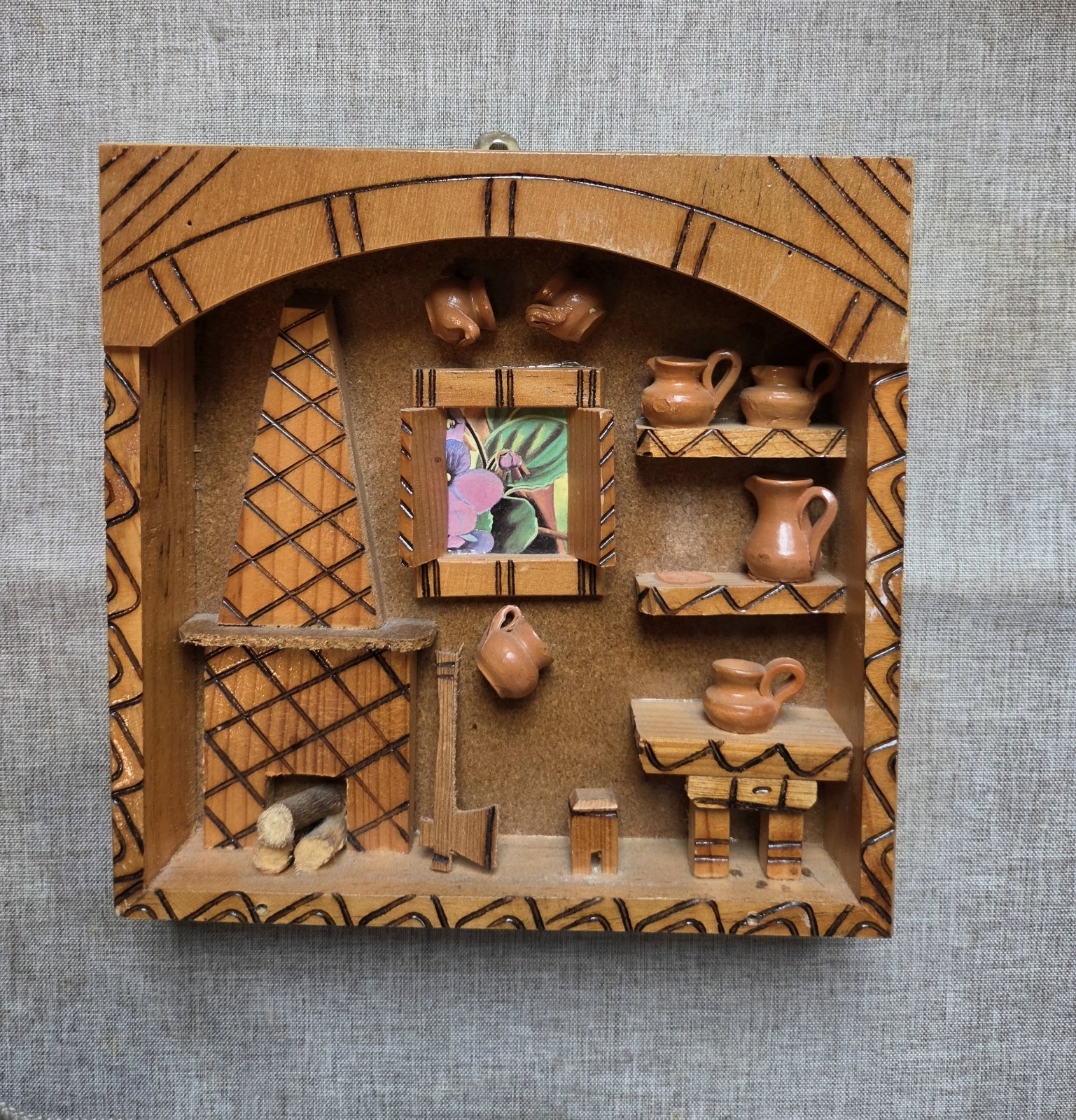 VTG Diorama Wooden Miniature Kitchen Southwern Mexico Hanging Wall Decor *READ*